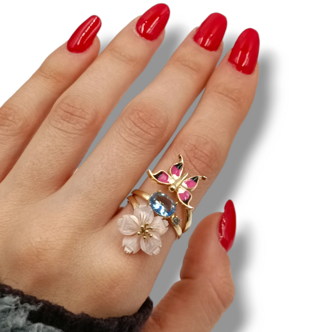END OF COLLECTION - Butterfly and flower ring in mother of pearl mounted on silver