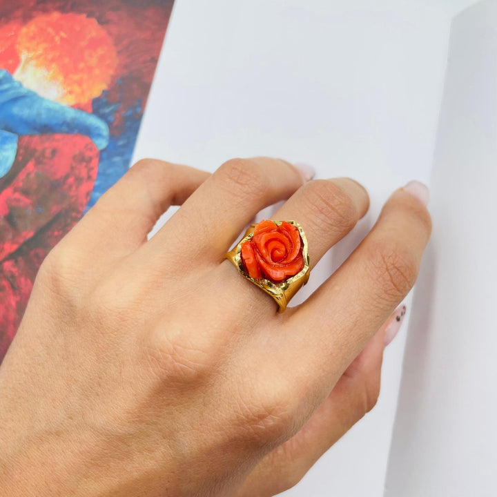 Pink red coral ring mounted on silver