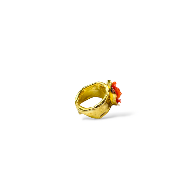 Pink red coral ring mounted on silver