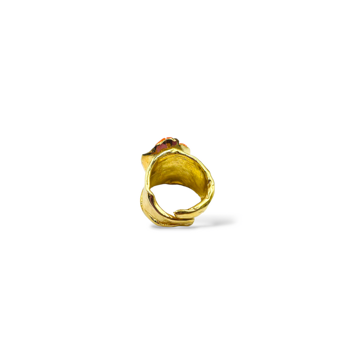 Pink red coral ring mounted on silver