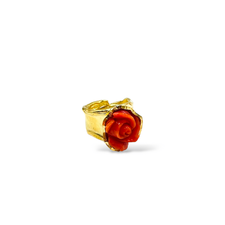 Pink red coral ring mounted on silver