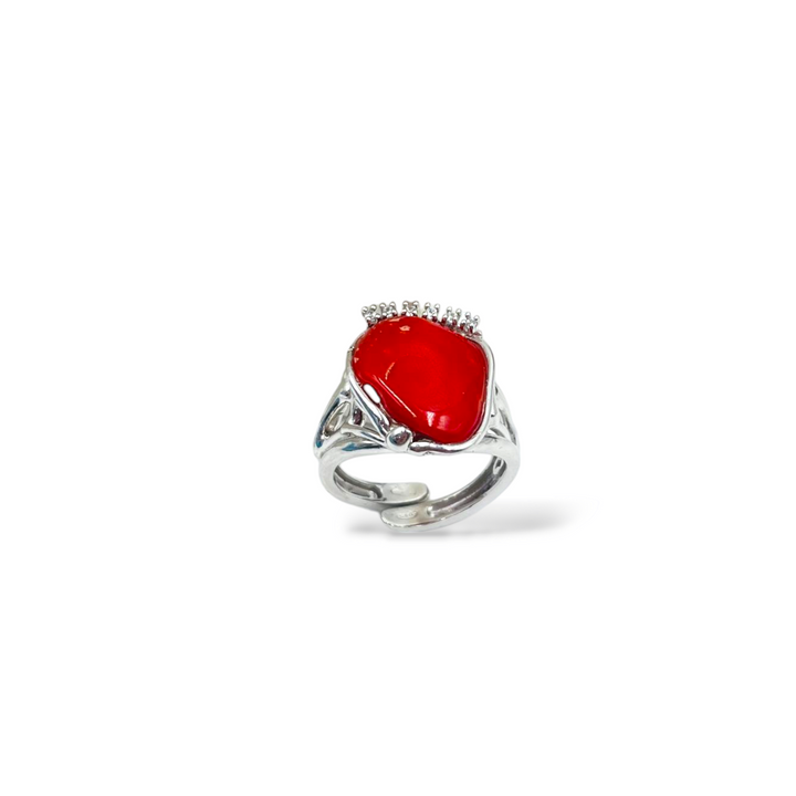 Coral stone ring mounted on silver