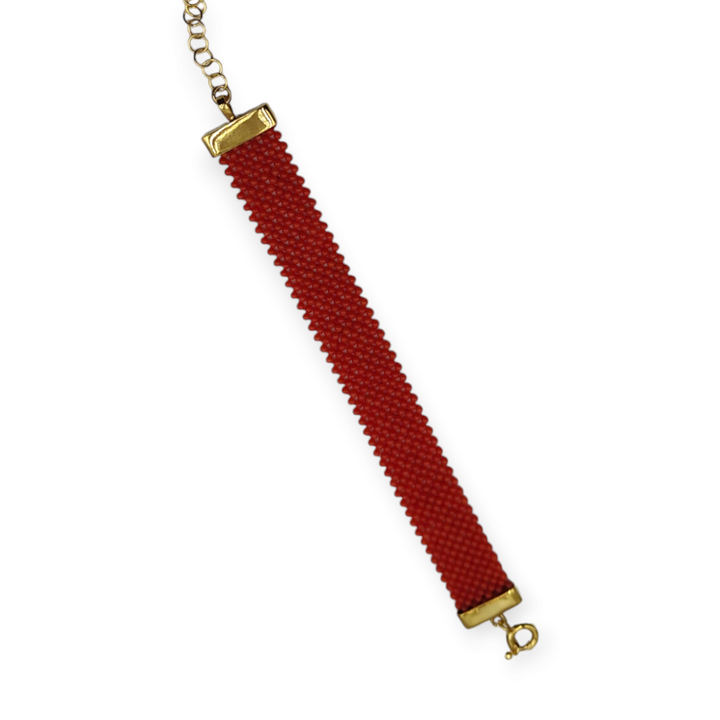 Real coral bracelet in fabric mounted on gold-plated silver