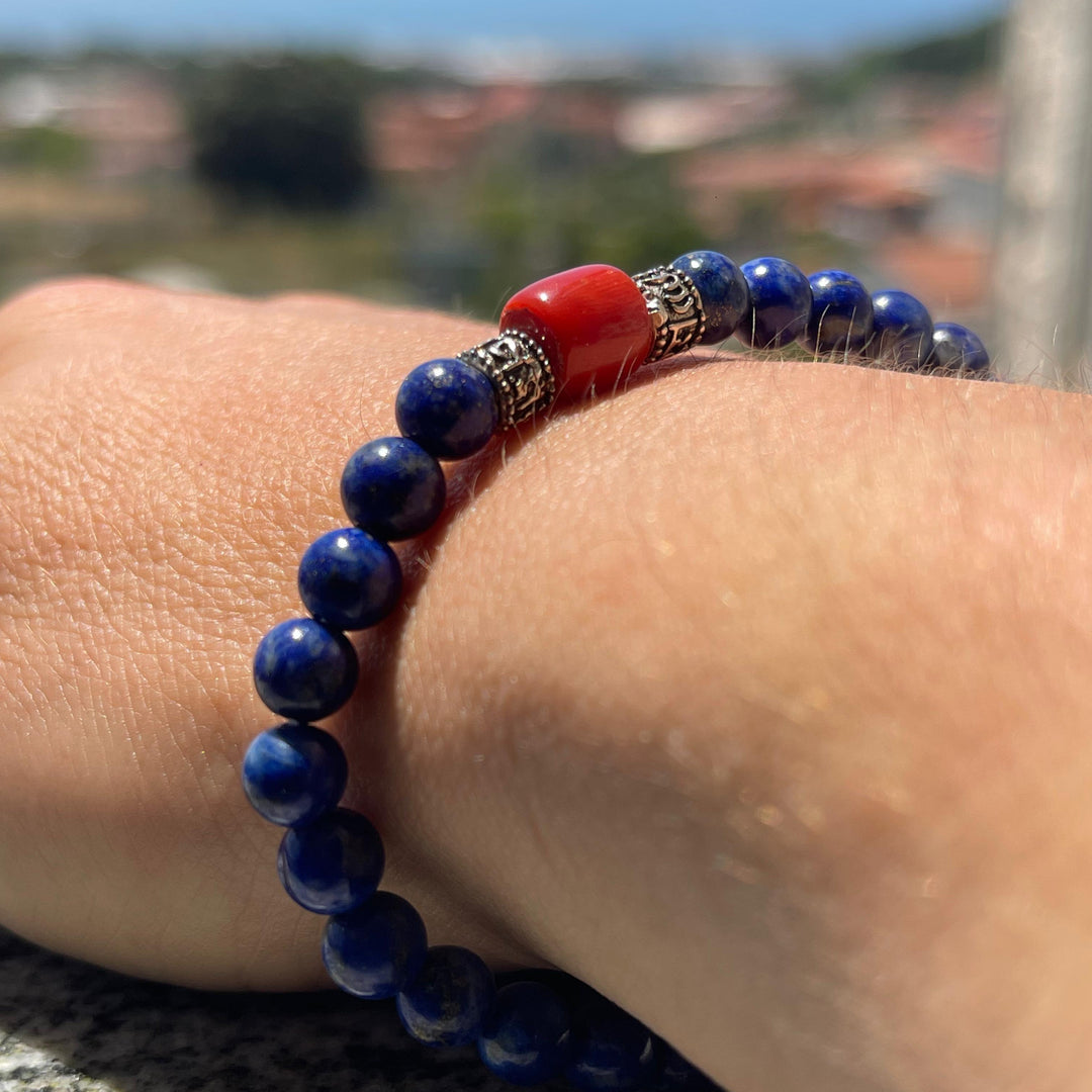 Men's bracelet in lapis and coral mounted on silver