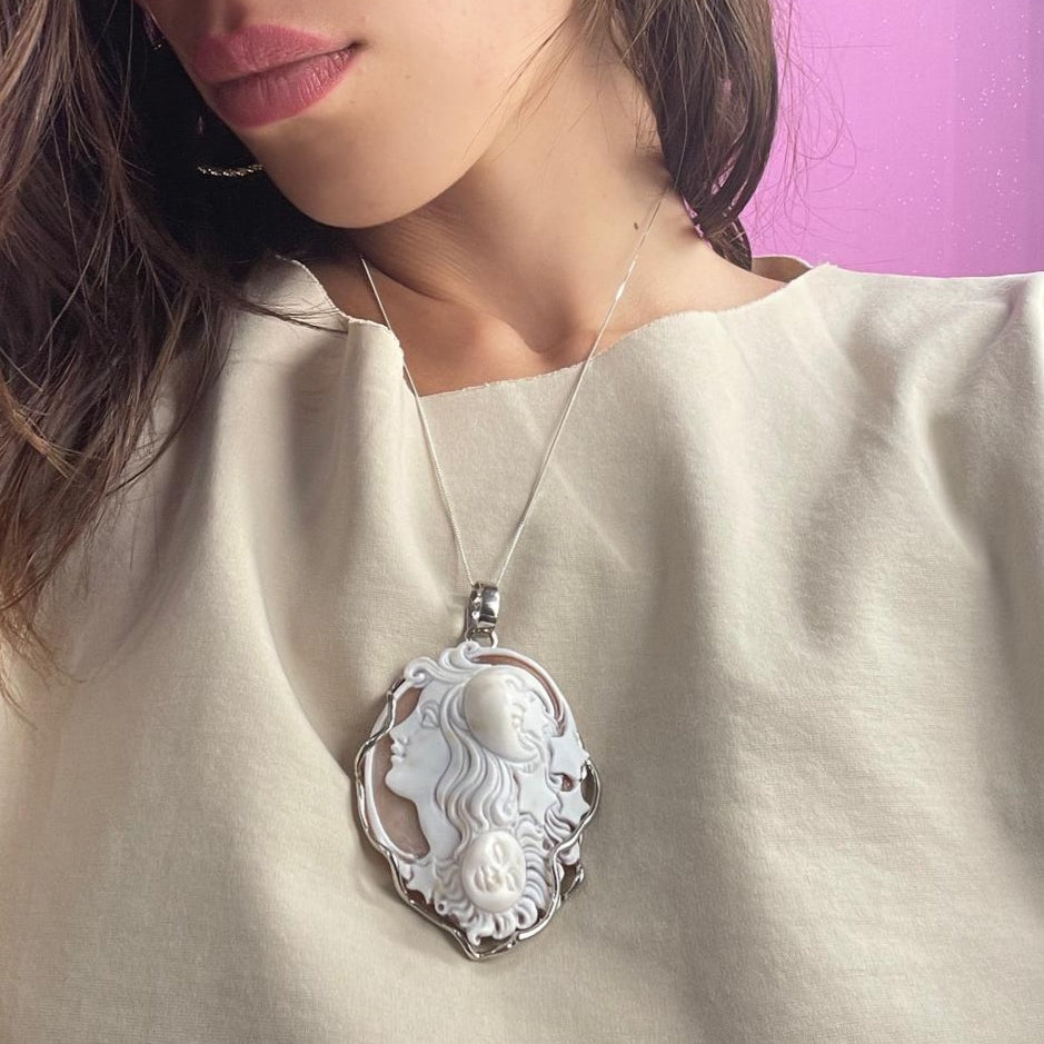 Sun Moon Goddess Pendant Necklace in Cameo Mounted on Silver