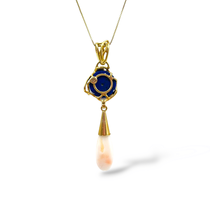 Ciondolo goccia in lapis e corallo montato su argento