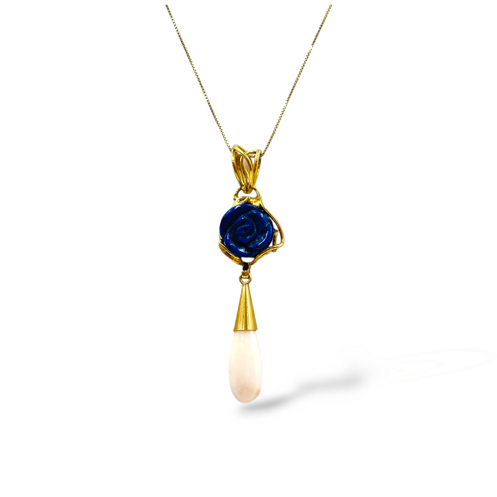 Ciondolo goccia in lapis e corallo montato su argento