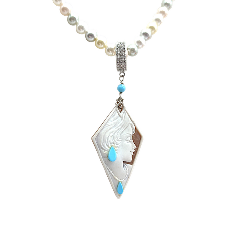 Pendant necklace "the dreamer" in sardonyx cameo and turquoise paste mounted on silver
