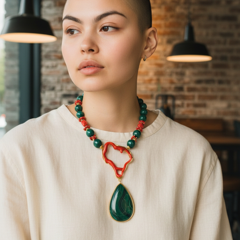 Collana Goccia in Malachite e Corallo montato in Argento Dorato