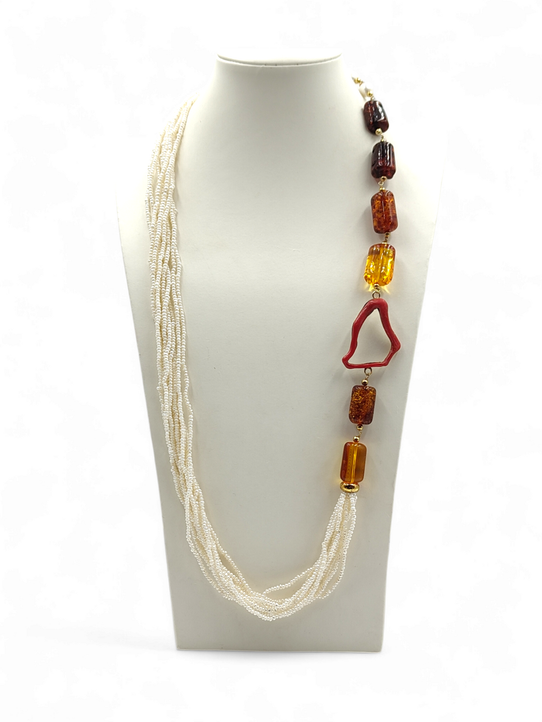 Collana microperle, corallo e ambra montato su argento galvanica oro