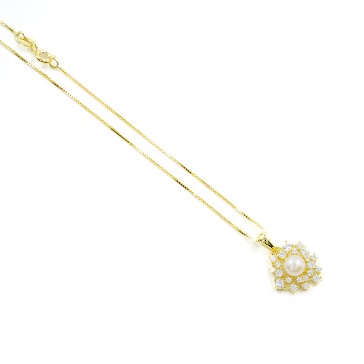 "Pearl Flower" pendant necklace made of pearls and zircons mounted on silver