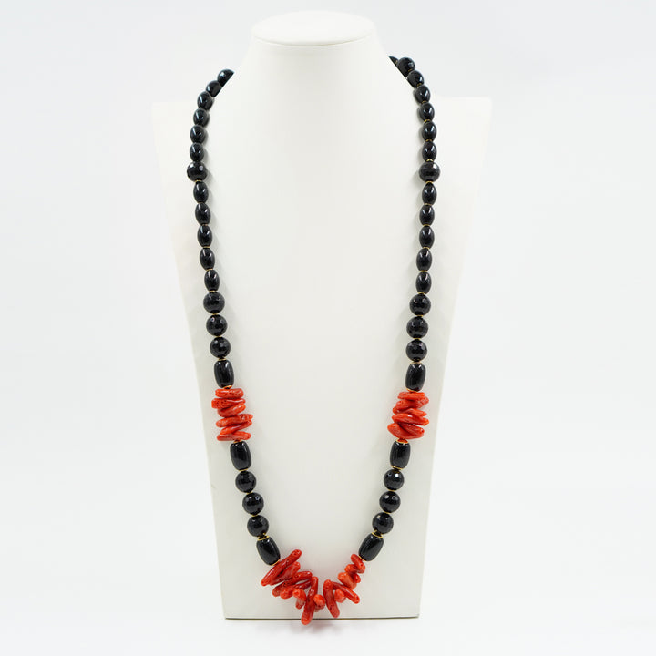 Mediterranean red coral and black agate necklace mounted on silver