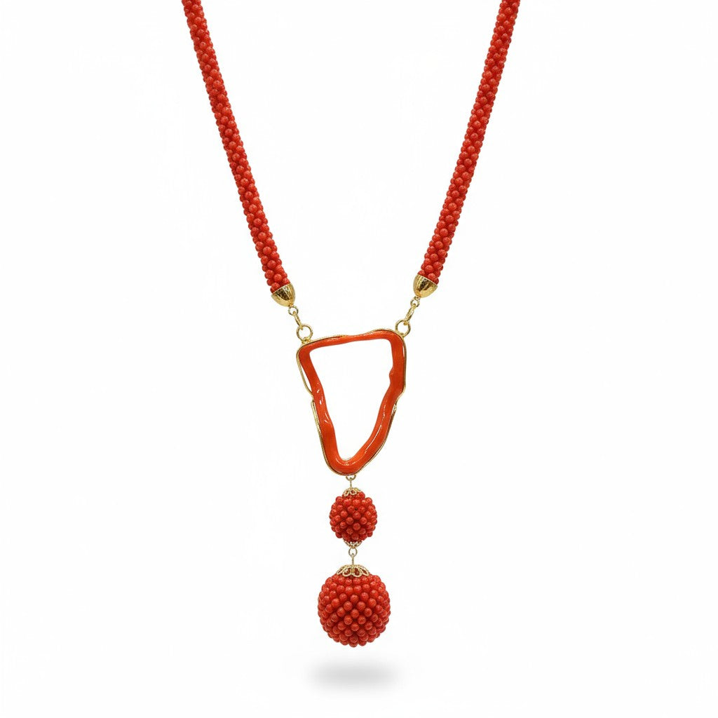 Red coral necklace, woven workmanship mounted in silver