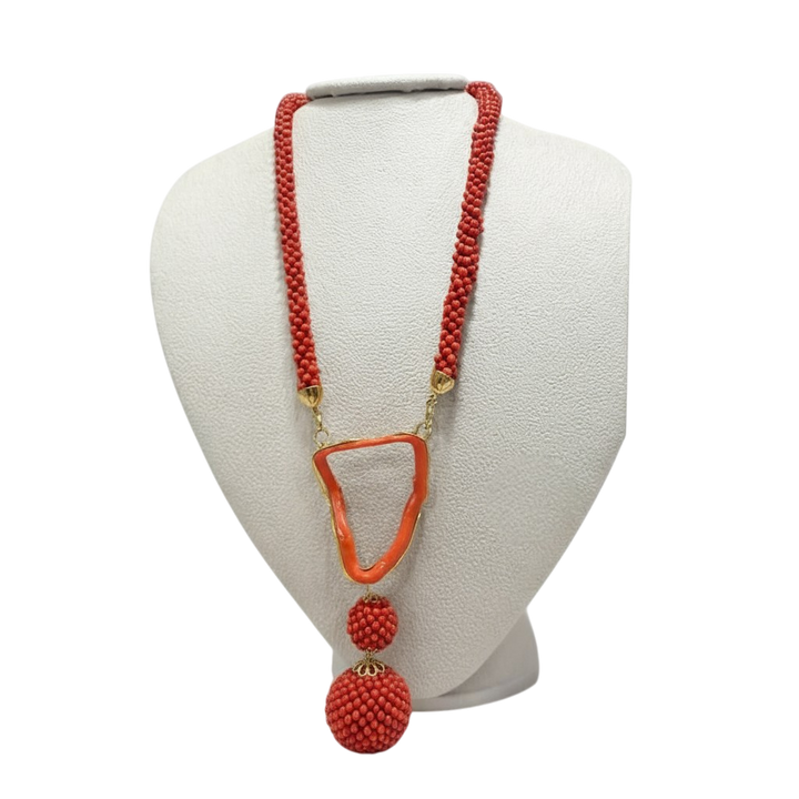 Red coral necklace, woven workmanship mounted in silver