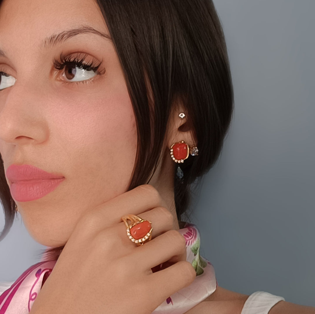 Coral stone and zirconia earrings set in silver