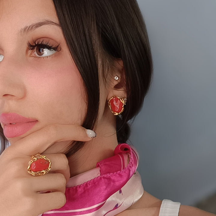 Red coral stone earrings set in silver