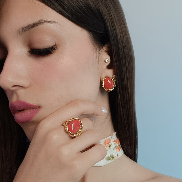 Red coral stone earrings set in silver
