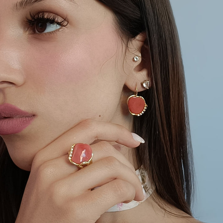 Red coral stone ring mounted on silver