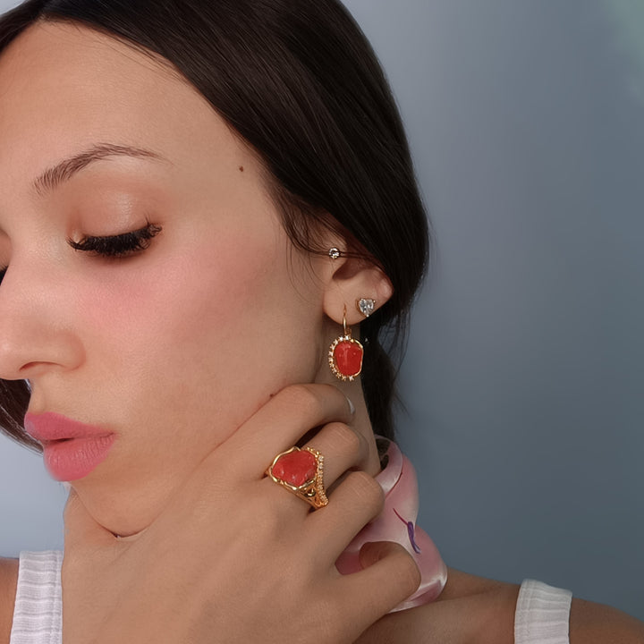 Red coral stone earrings set in silver