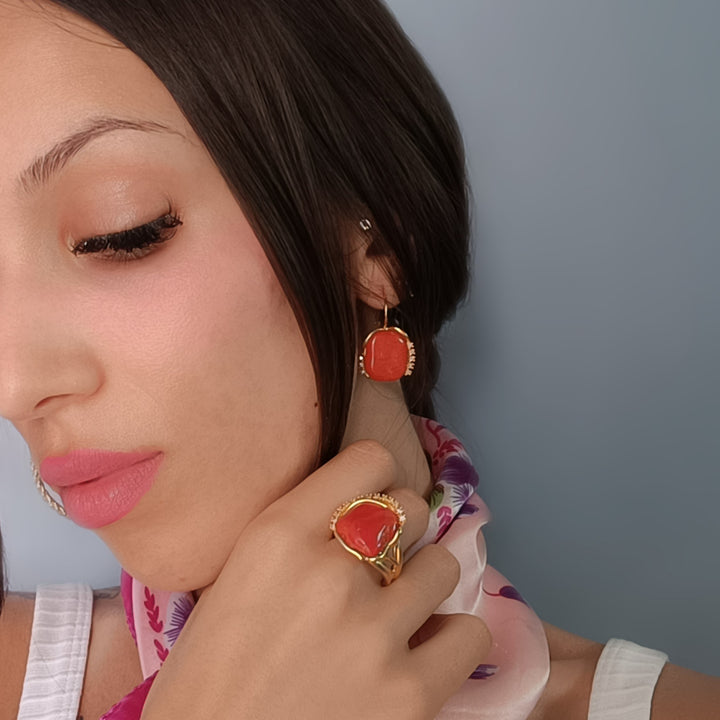 Coral stone ring mounted on silver