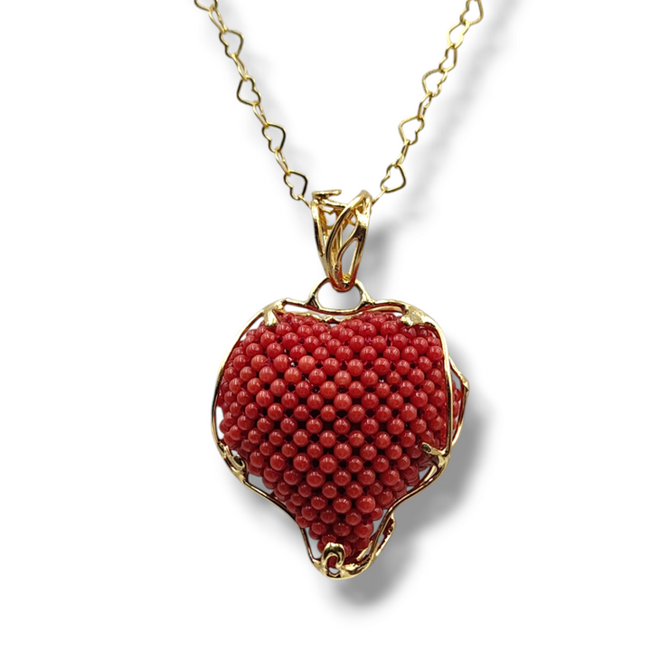 Regalo san Valentino-collana cuore di corallo medio in tessito montato su argento galvanica oro