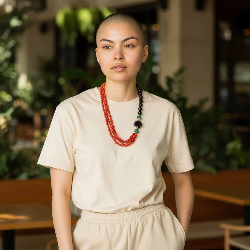 Coral, black agate, and malachite necklace set in silver