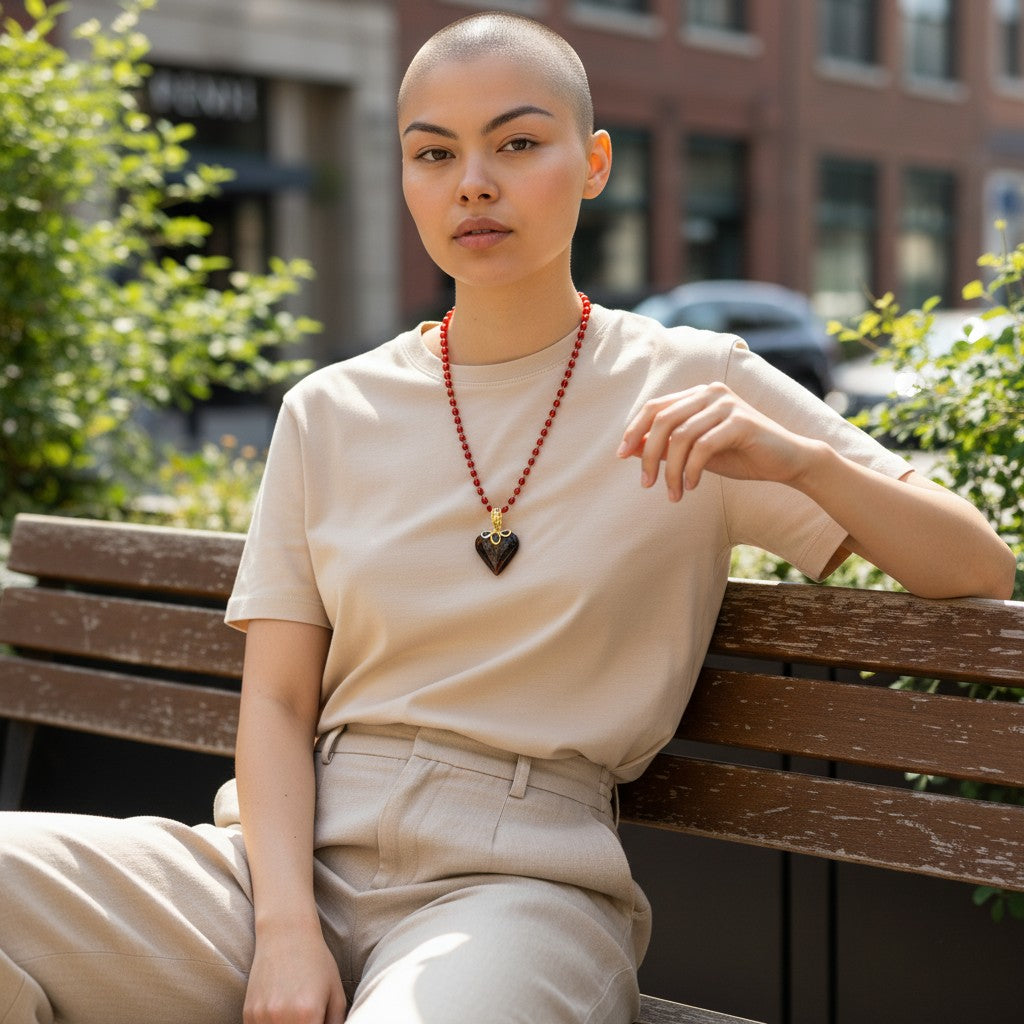 Collana con Ciondolo Cuore in Ambra Rossa montato in Argento Dorato