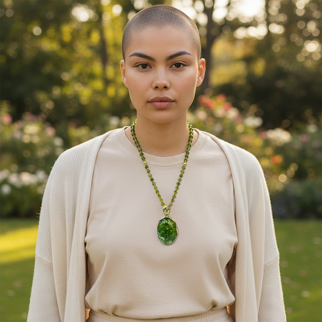 Collana con Ciondolo Ovale in Ambra Verde montato in Argento Dorato