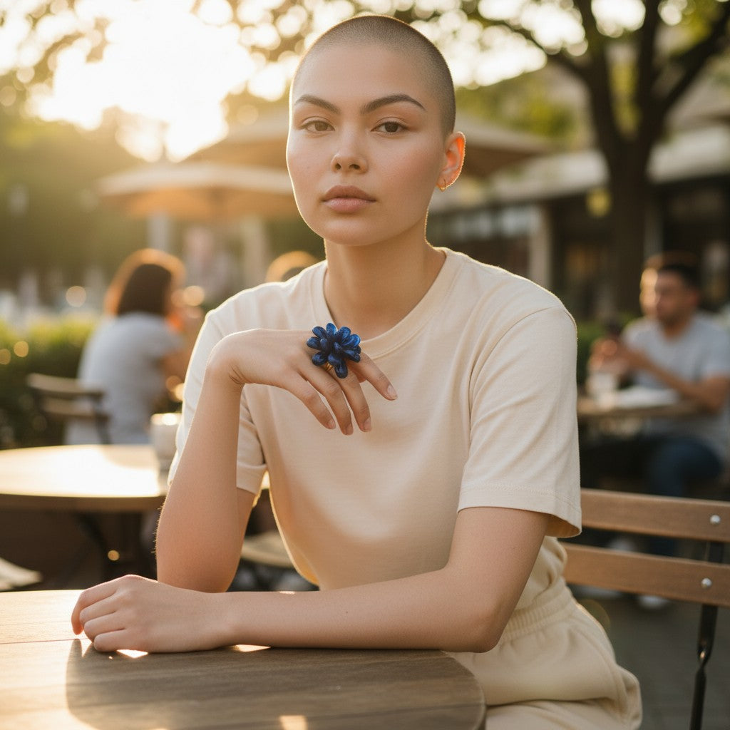 Anello Fiore di Ambra Blu montato in Argento Dorato