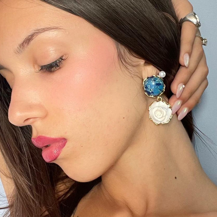 Pink cameo and agate earrings mounted on silver