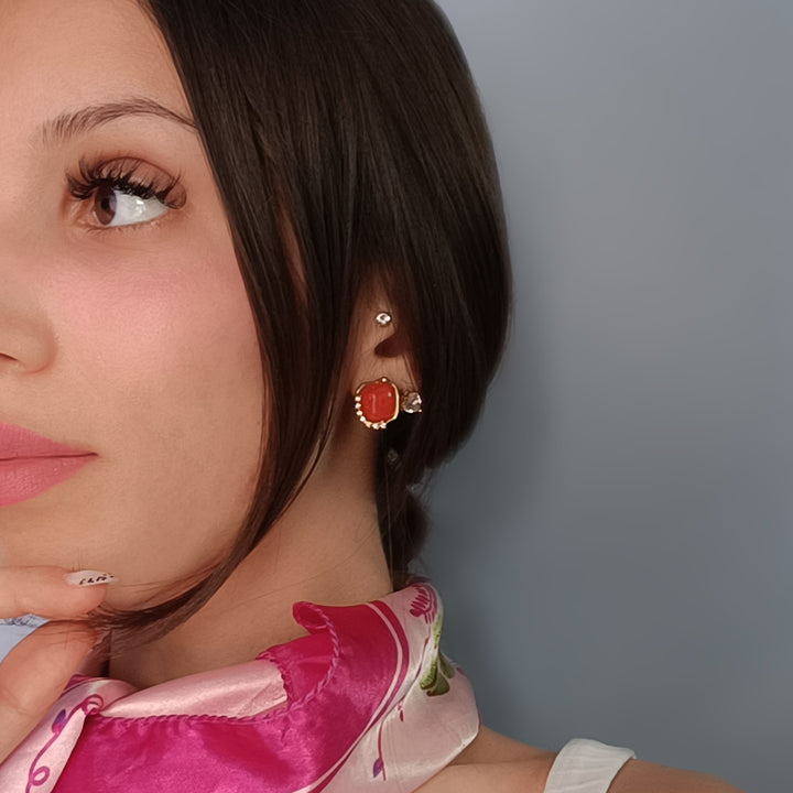 Coral stone and zirconia earrings set in silver