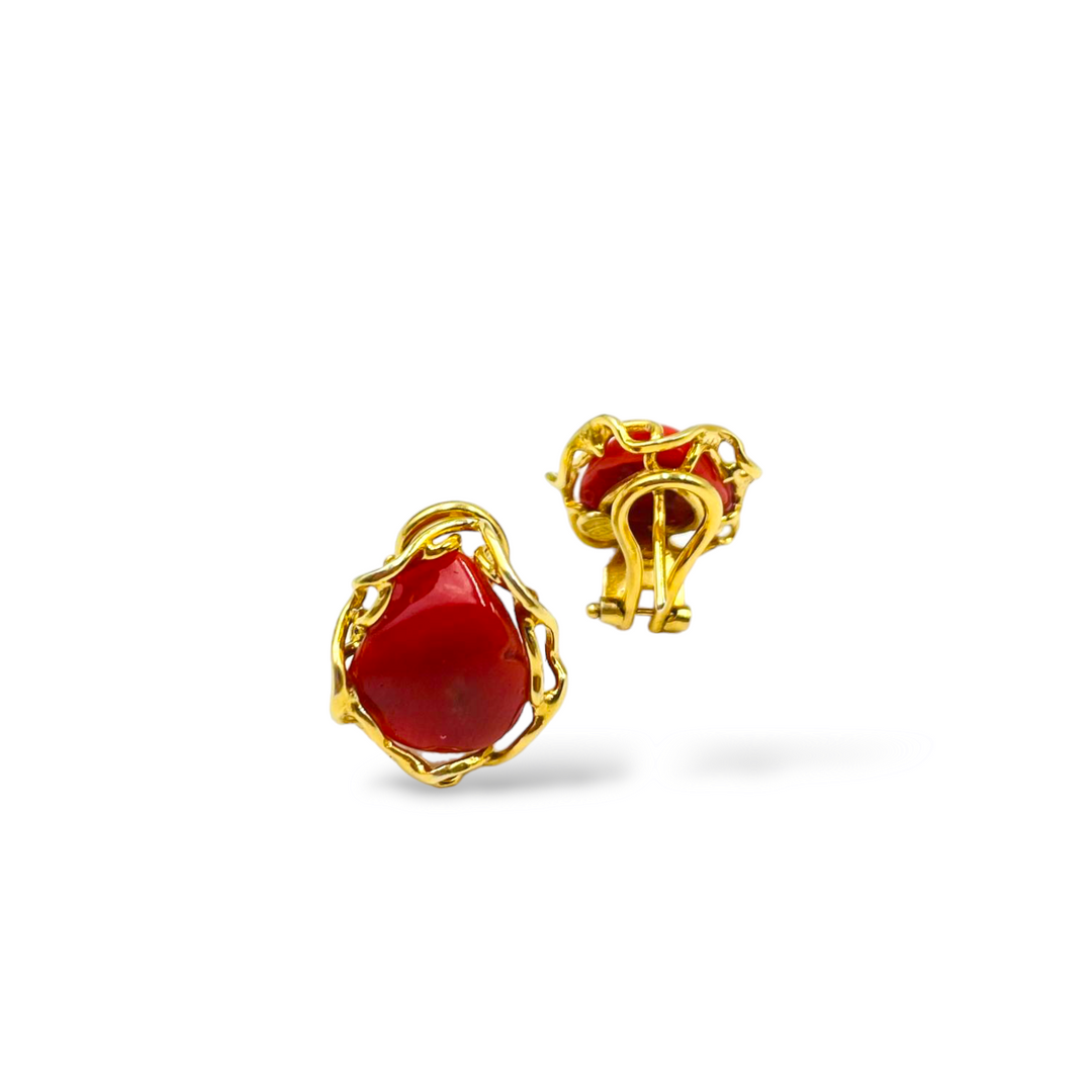 Red coral stone earrings set in silver