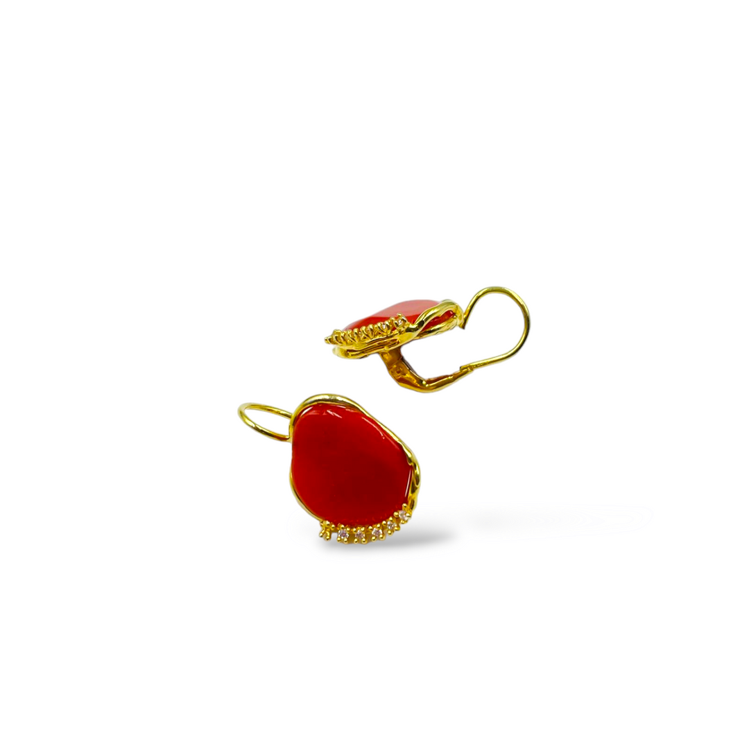 Red coral stone earrings mounted in silver