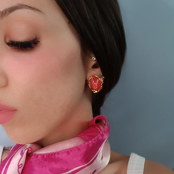Red coral stone earrings set in silver