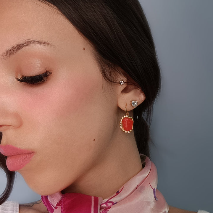 Red coral stone earrings set in silver