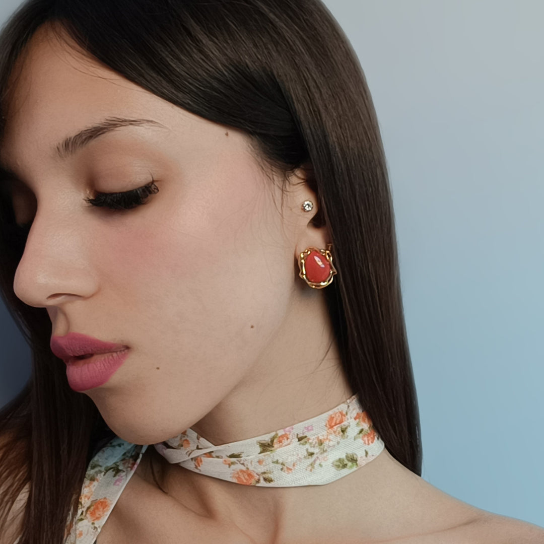 Red coral stone earrings set in silver