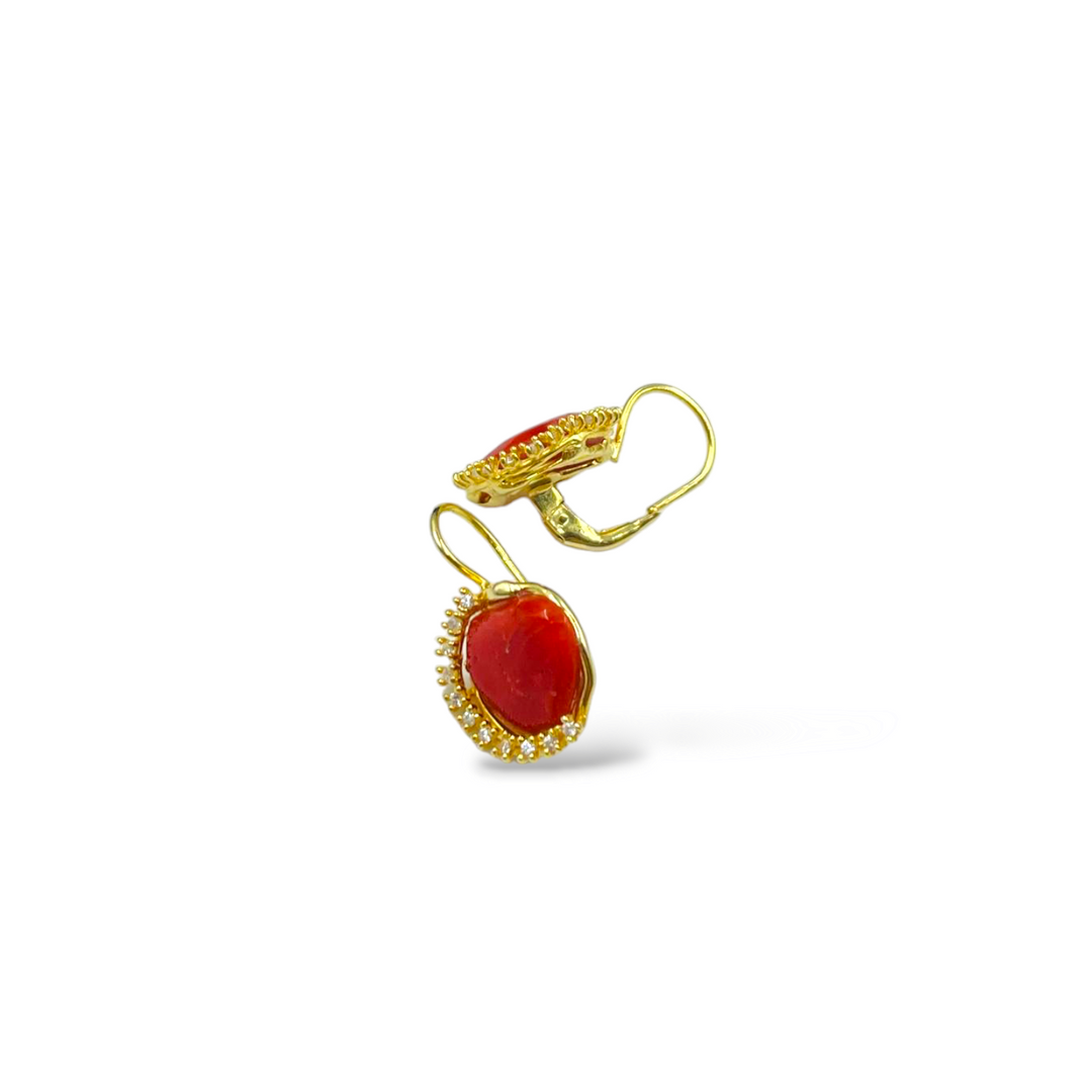 Red coral stone earrings set in silver