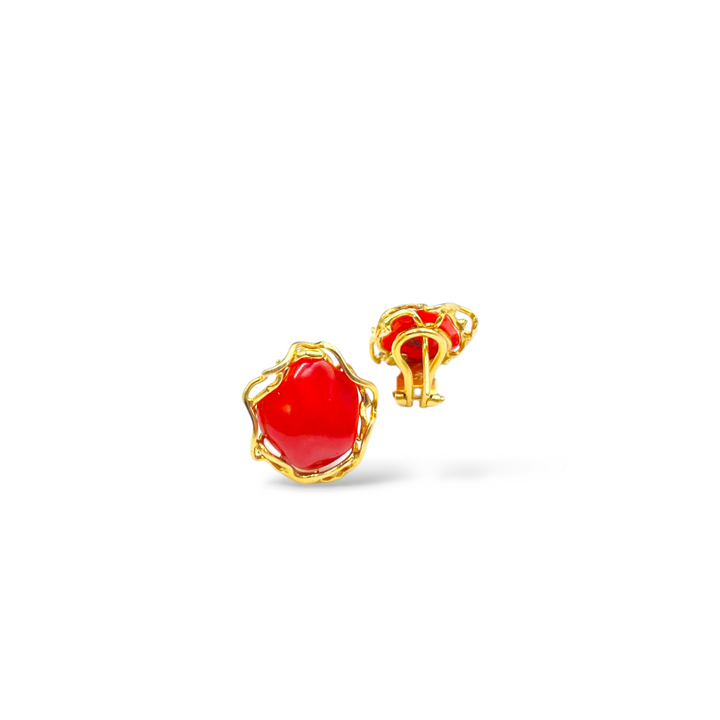 Red coral stone earrings set in silver