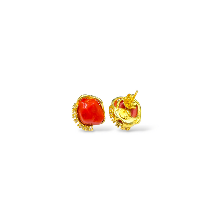 Coral stone and zirconia earrings set in silver