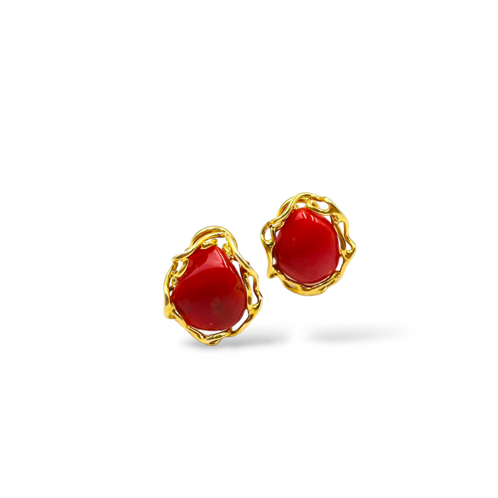 Red coral stone earrings set in silver
