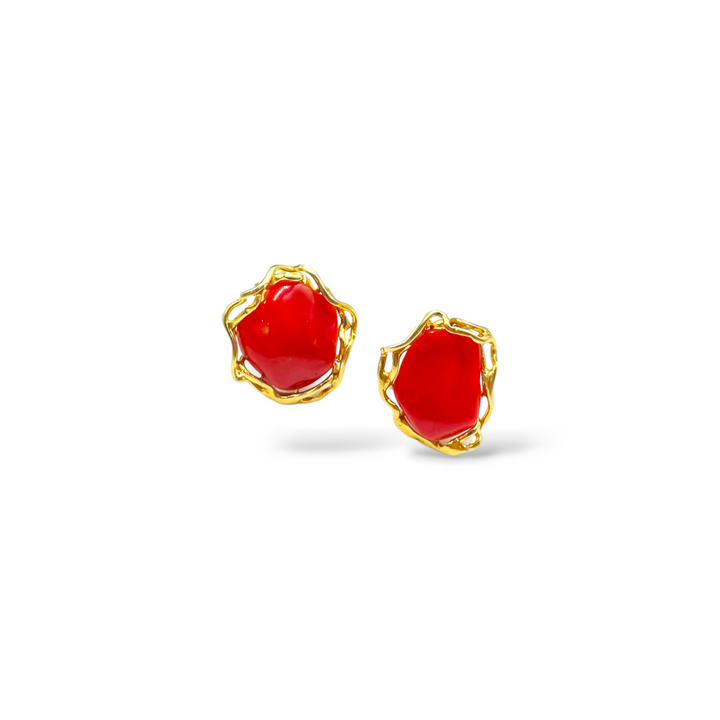 Red coral stone earrings set in silver