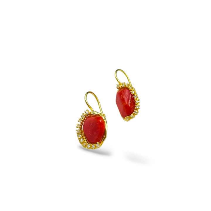 Red coral stone earrings set in silver