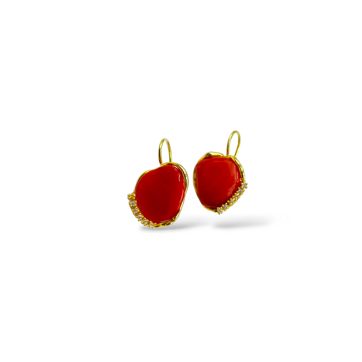Red coral stone earrings mounted in silver