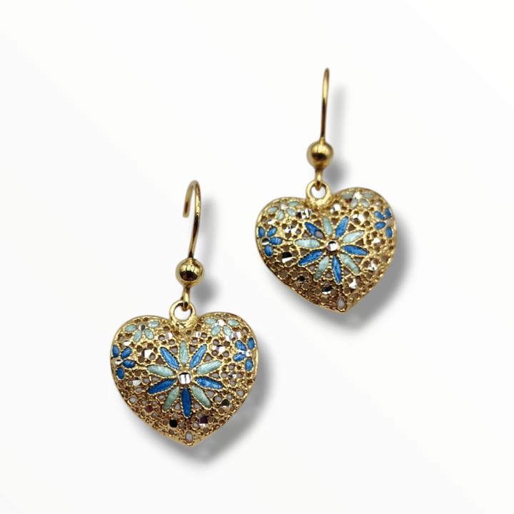Enamelled silver heart earrings with filigree workmanship