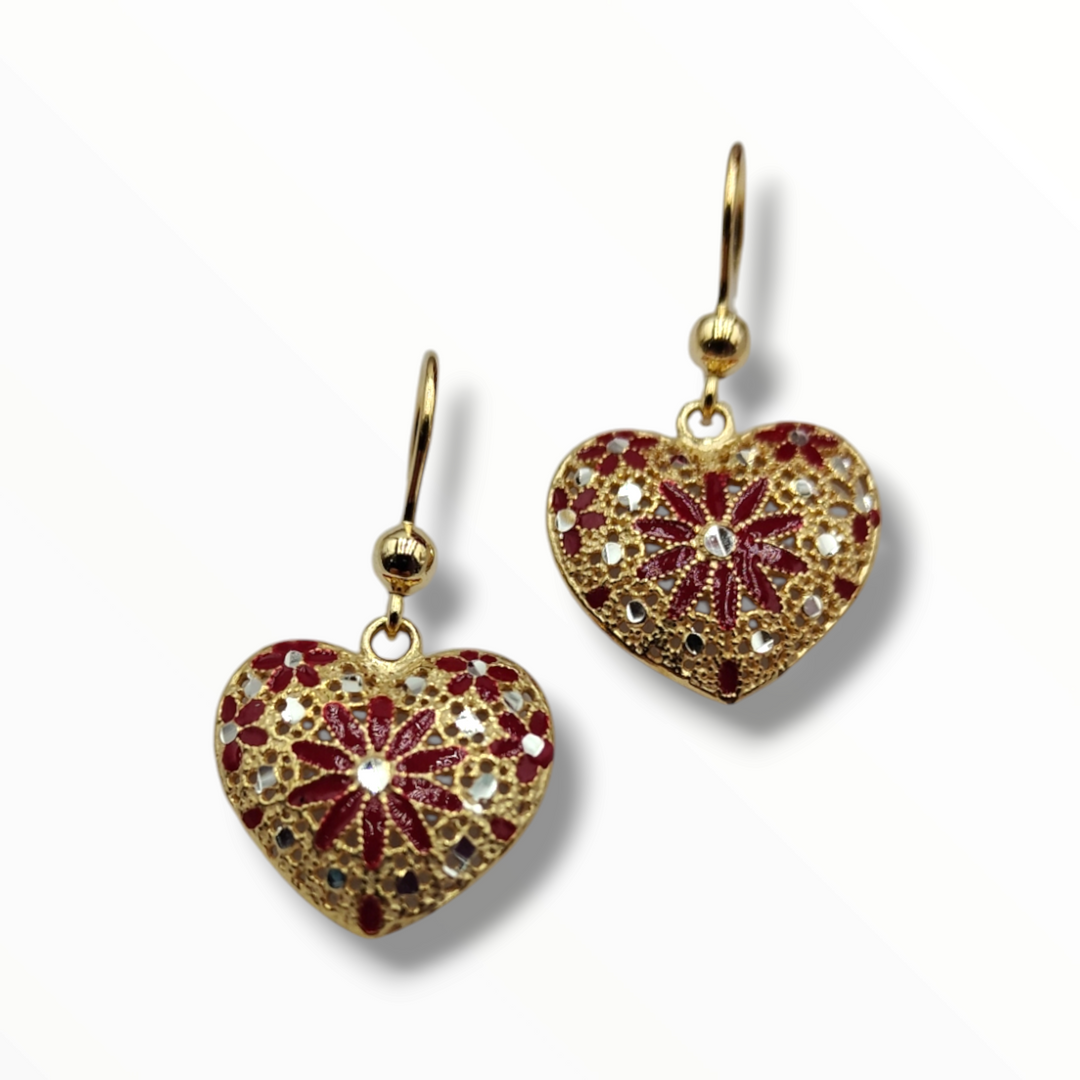 Enamelled silver heart earrings with filigree workmanship