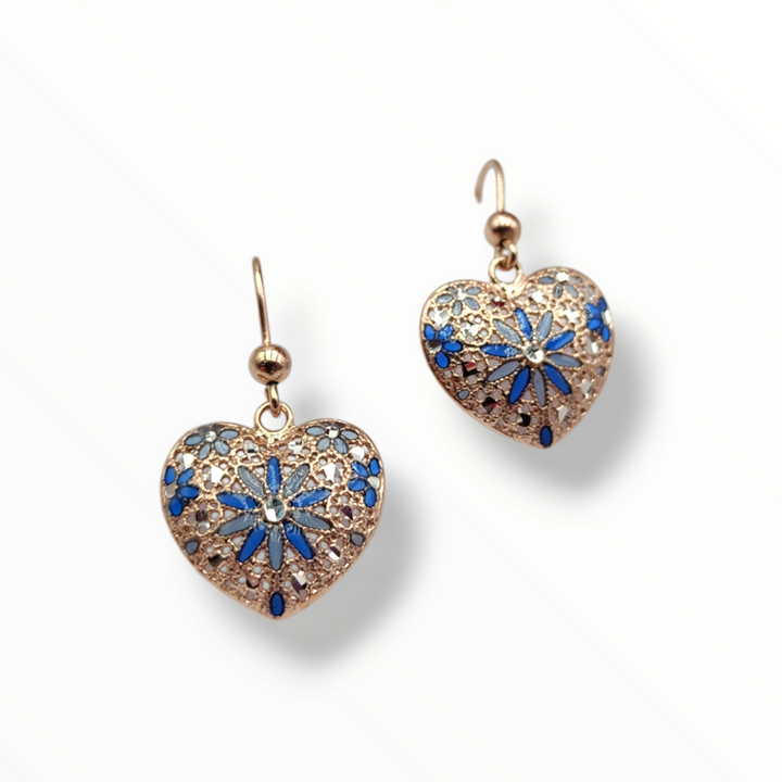 Enamelled silver heart earrings with filigree workmanship