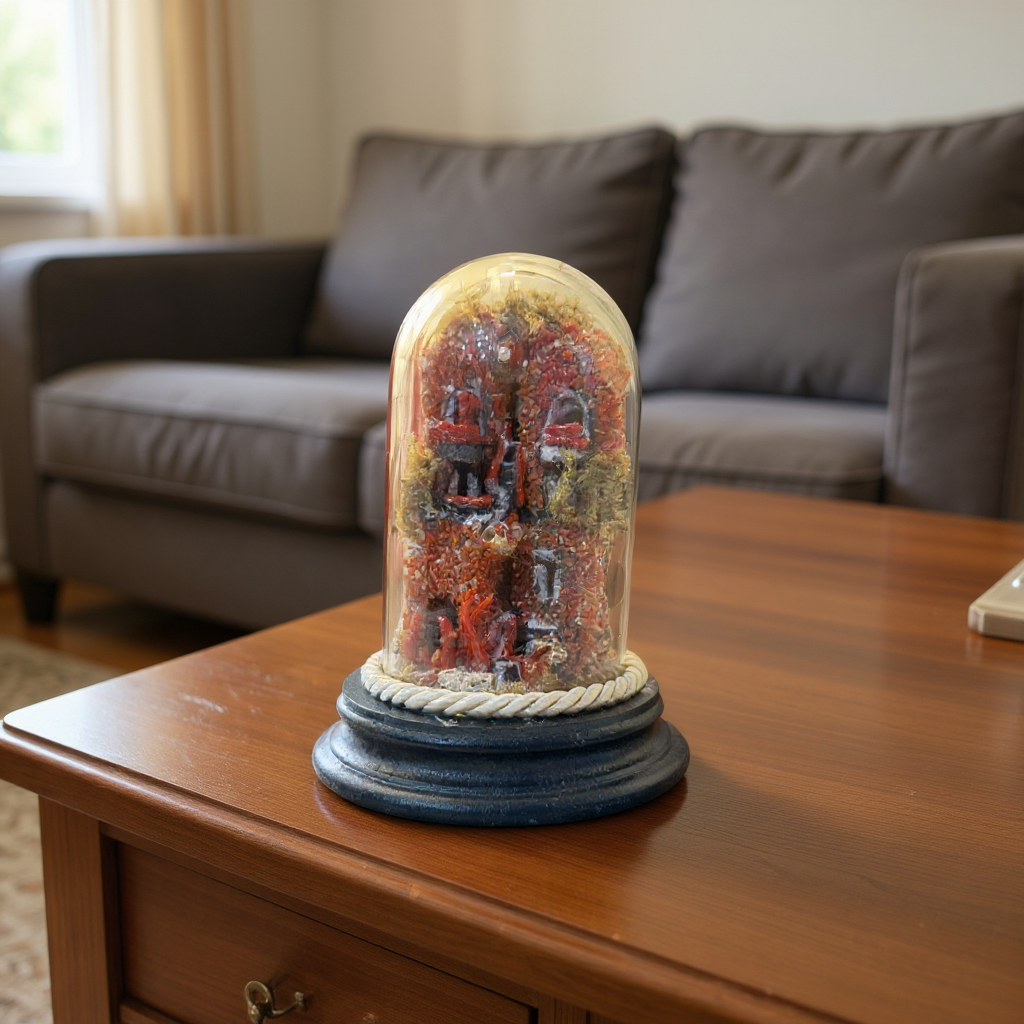 Presepe di Corallo con Cupola di Vetro e Base in Legno