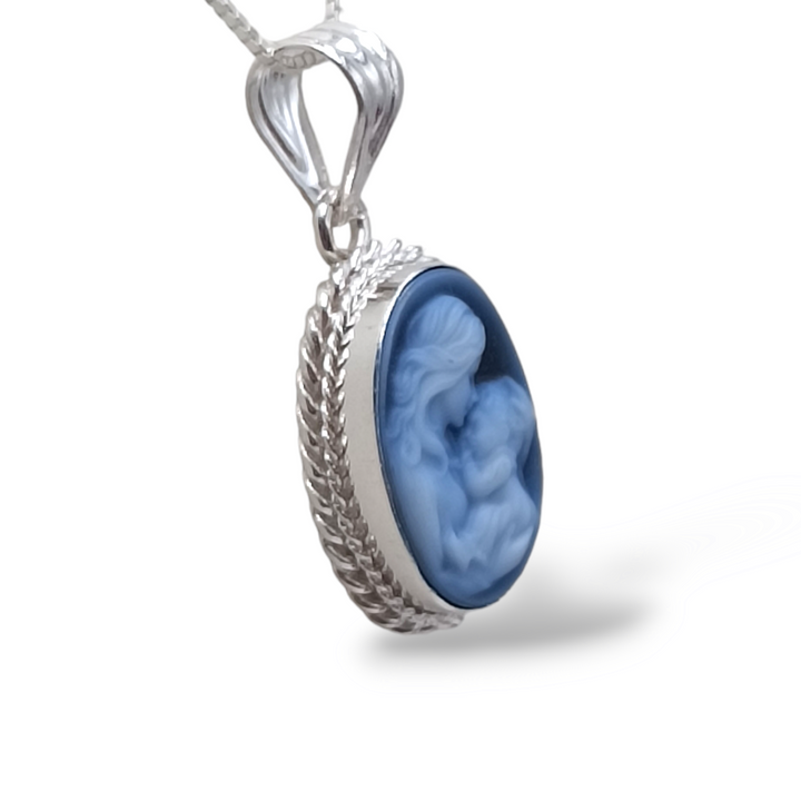 Blue agate maternity pendant mounted on silver
