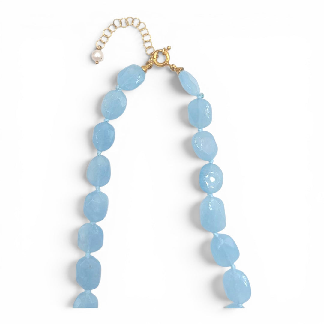 Collana collier di cammeo sardonico montato in acquamarina e argento dorato