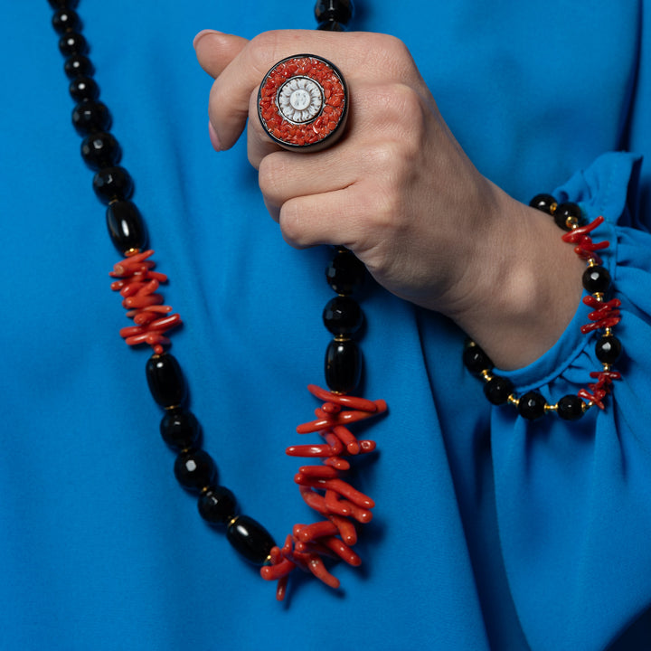 Mediterranean red coral and black agate necklace mounted on silver